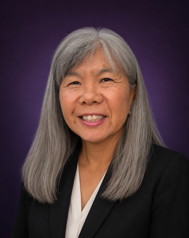 Angie Chen, CFO at Embryonaut. Warm smile, dark blazer, deep purple backdrop.