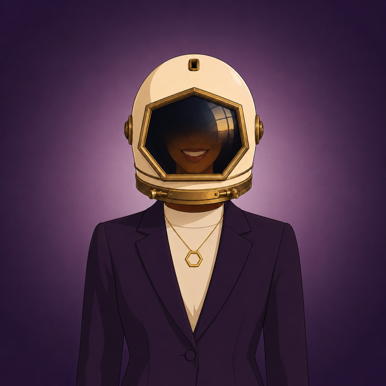 Miette Avie, astronaut in cream helmet with gold-trimmed hexagonal visor, all-purple suit, gold hexagon pendant, full smile.